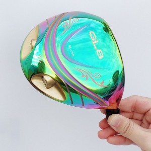 Titanium golf driver hi-cor rainbow PVD plating with counterweight screws.
